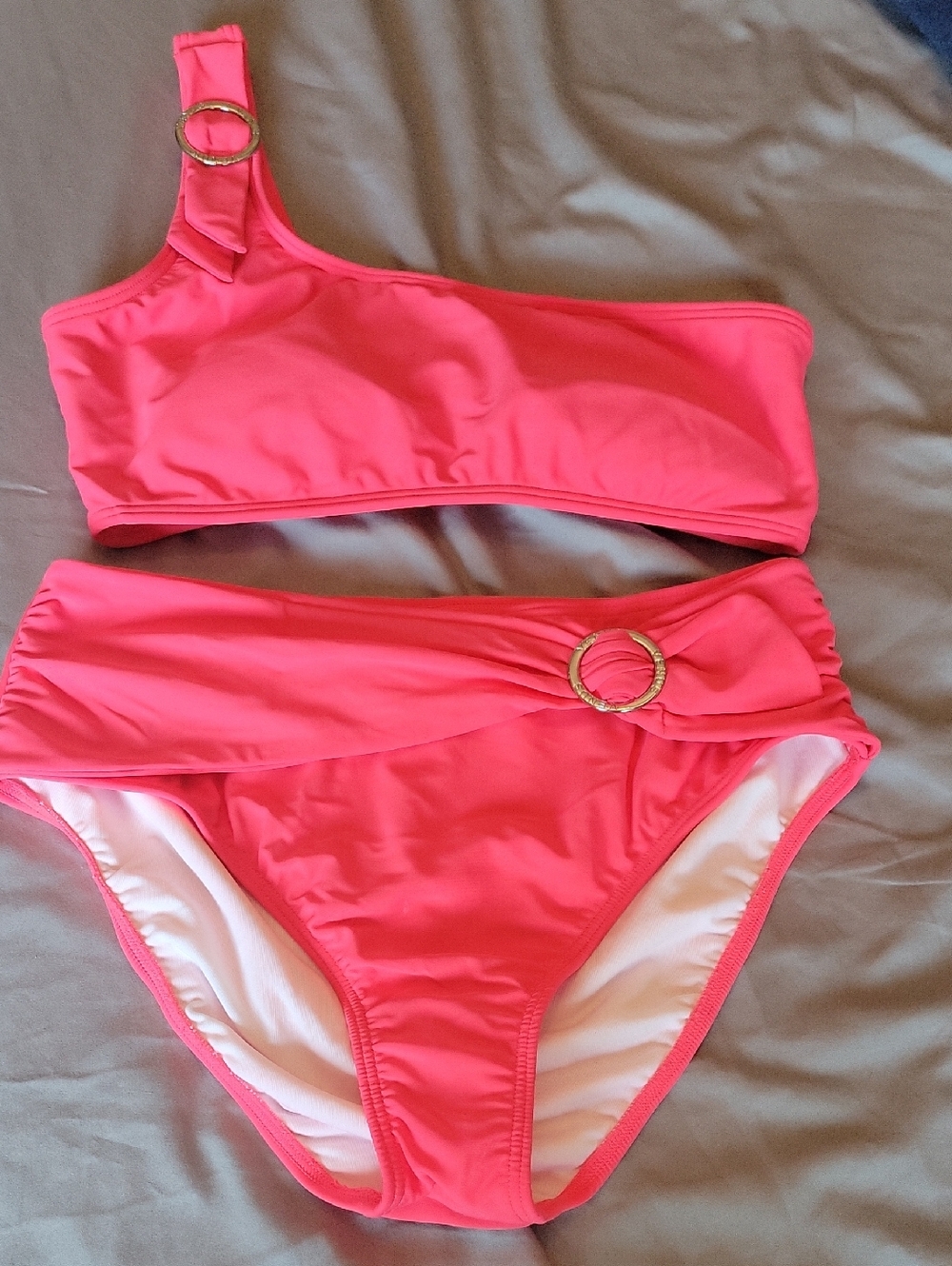 VENUS Pink/coral One-Shoulder Bikini with Decorative Rings.